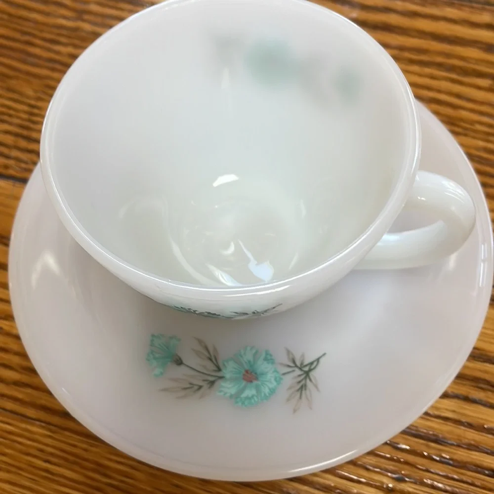 Fire King vintage cup & saucer. Bonnie Blue Flower pattern. Good used condition